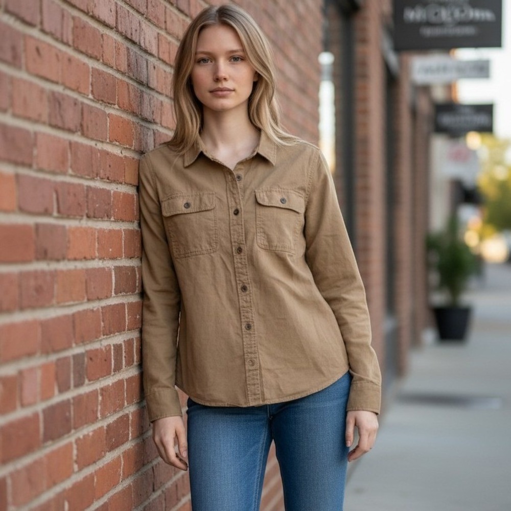 Patagonia Women Tan Khaki Organic Cotton Long Sleeve Button Down Utility Shirt M